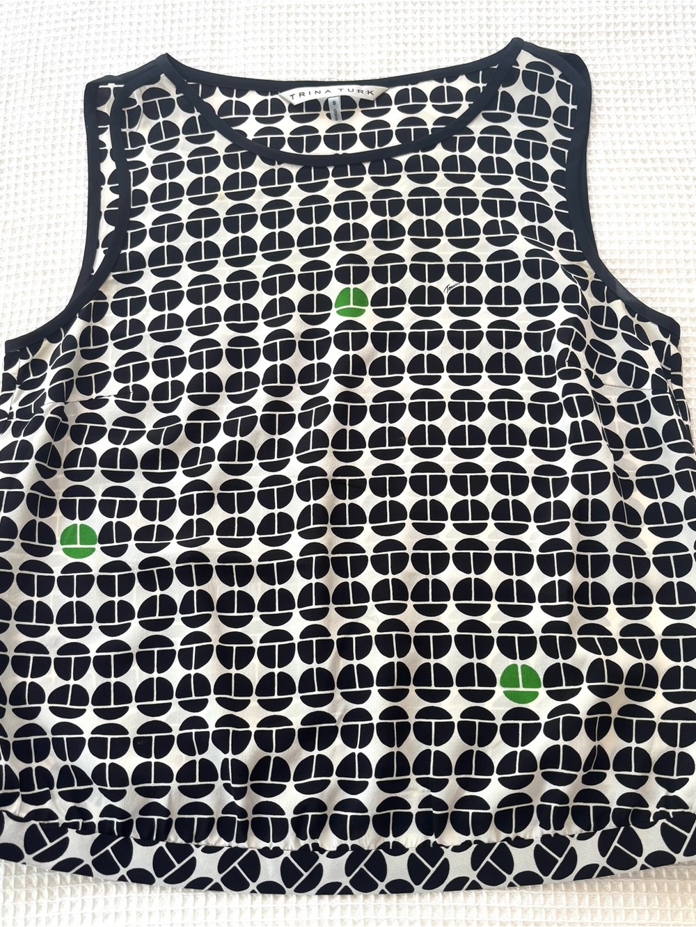 Trina Turk Black and White Geometric Top with Green Accents Silk
